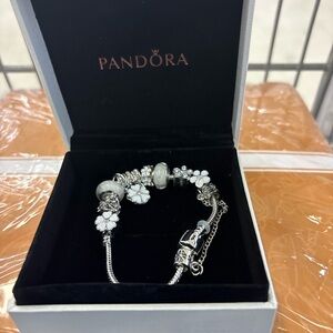 Pandora Silver Bracelet with White Floral Charms